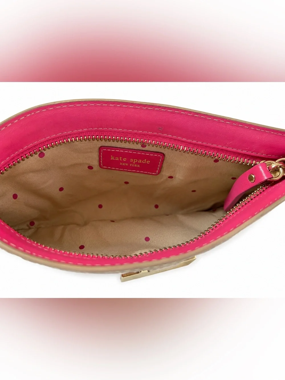 Kate Spade Gold Metallic Leather Wristlet Clutch Pink Polka Dot Interior w/ Box - Picture 2 of 8